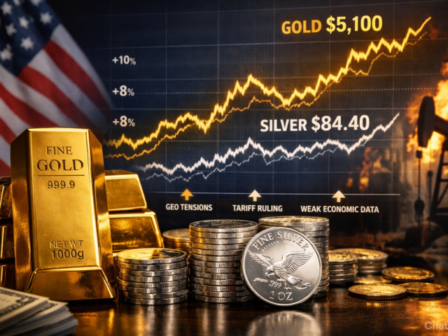 Silver Soars Nearly 9% and Gold Tops $5,000 Amid Iran Tensions and U.S. Tariff Ruling – Safe-Haven Rush Underway