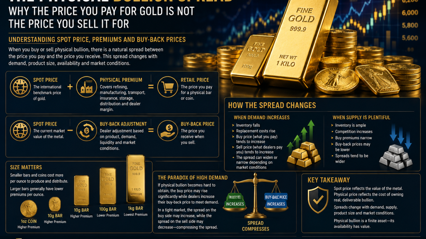 price, premium, spread or resale value of any physical bullion product.