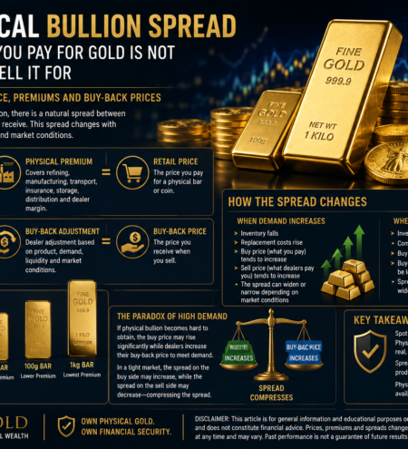 price, premium, spread or resale value of any physical bullion product.
