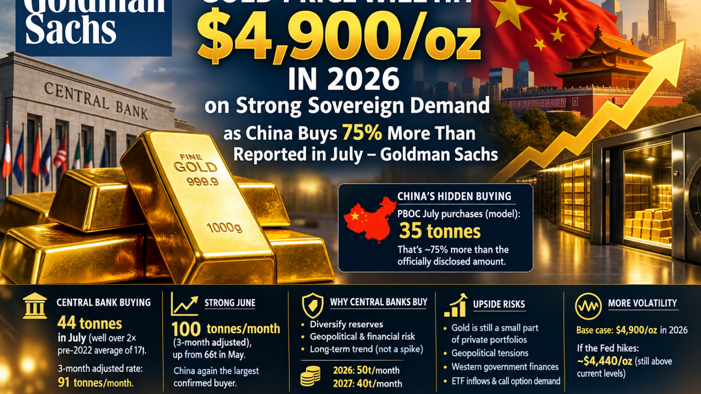 Gold Price Will Hit $4,900/oz in 2026 on Strong Sovereign Demand as China Buys 75% More Than Reported in July – Goldman Sachs