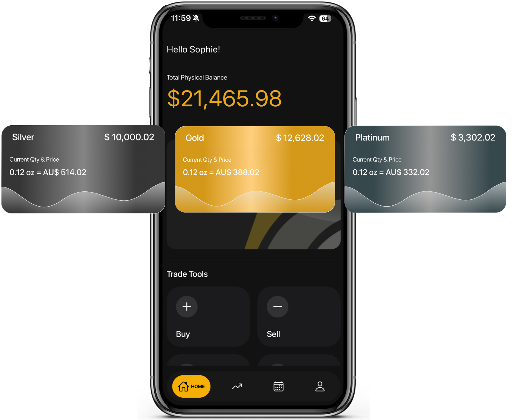 FirstGold dashboard displayed on a mobile phone with metal cards