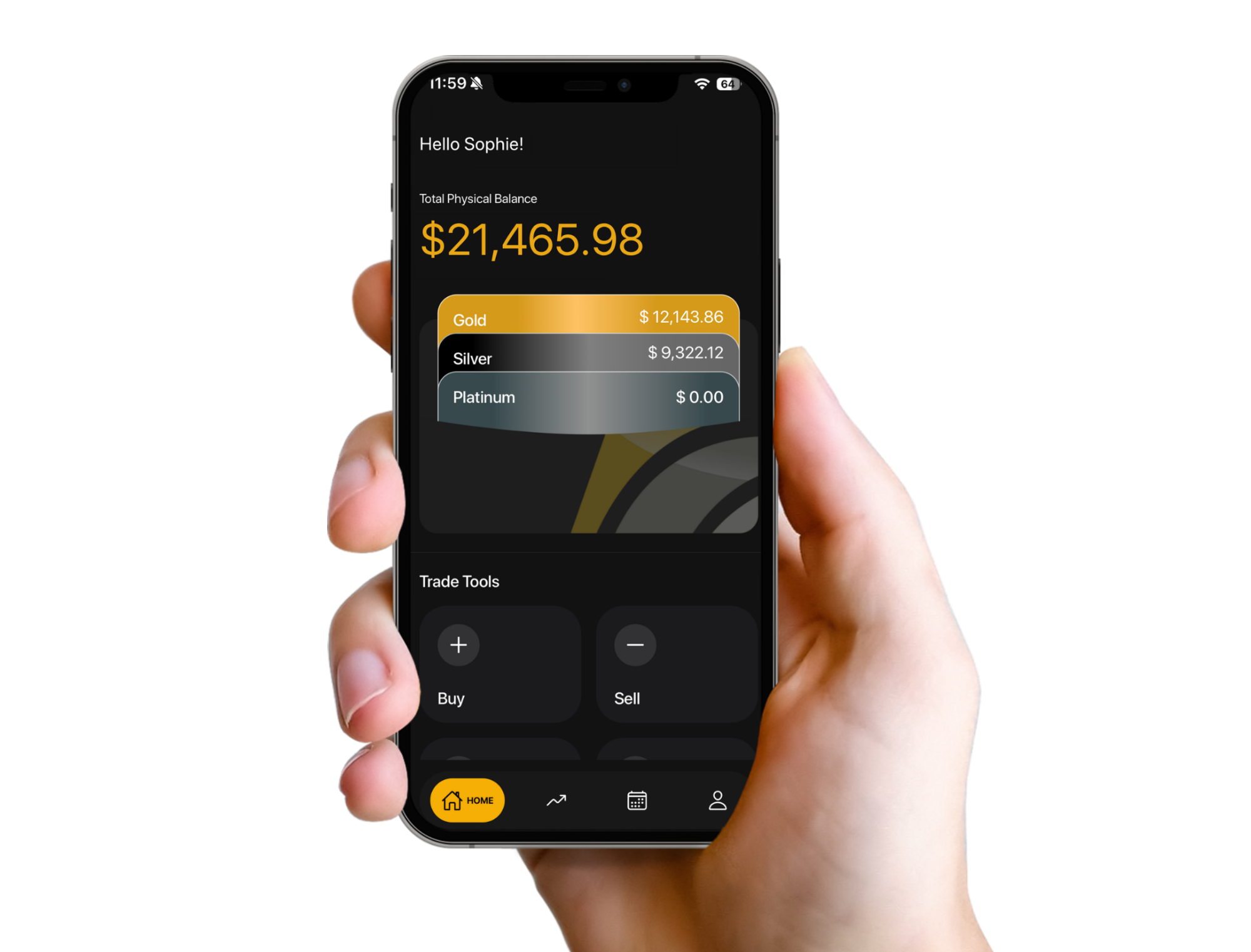 FirstGold app displayed on a phone held in one hand