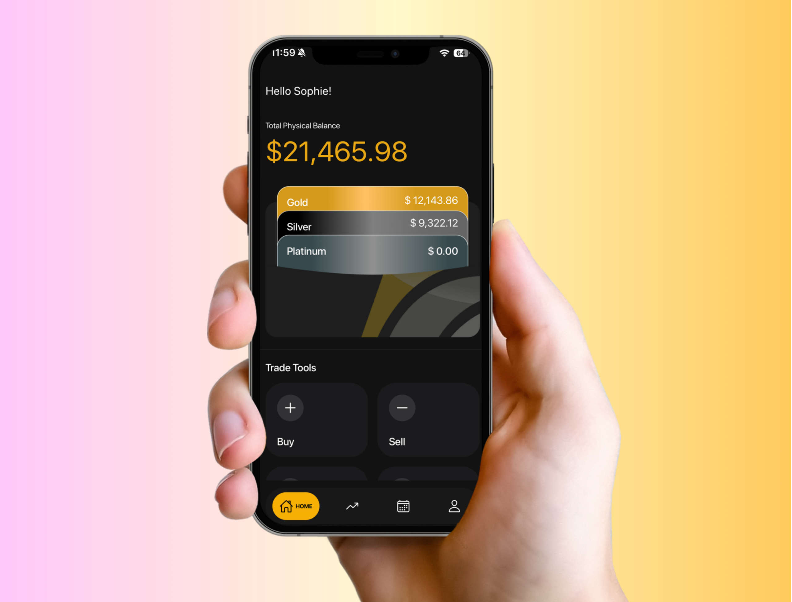 FirstGold app displayed on a phone held in one hand