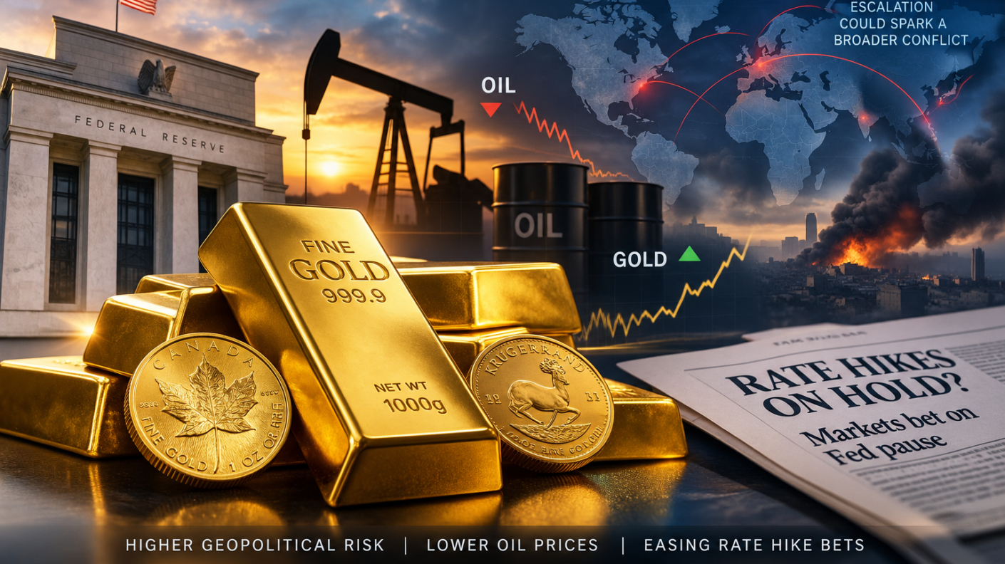 Gold Rises as Oil Falls and Fed Rate Hike Bets Ease